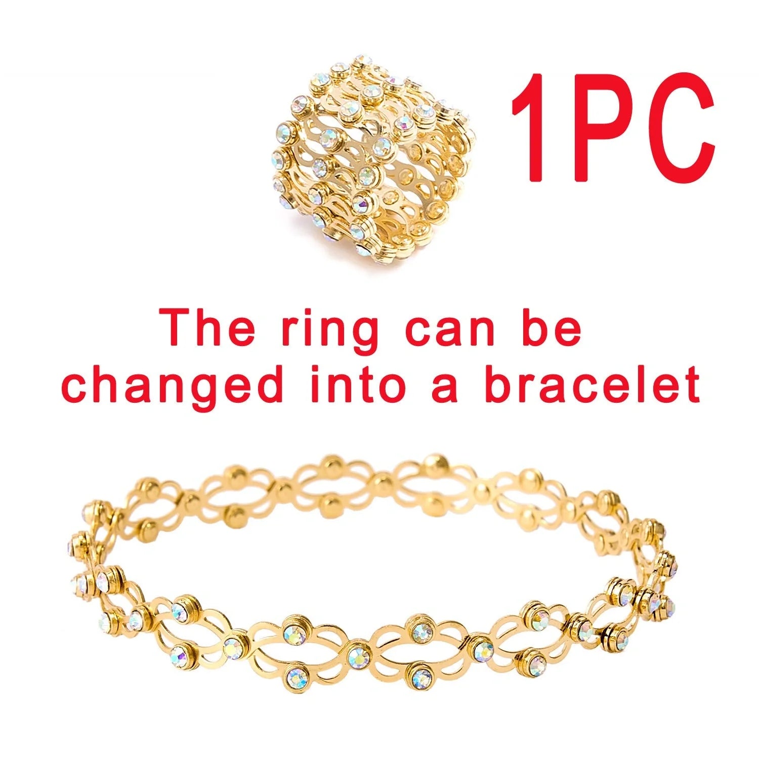 2-in-1 folding retractable rings bracelet with rhinestone detail, adjustable design