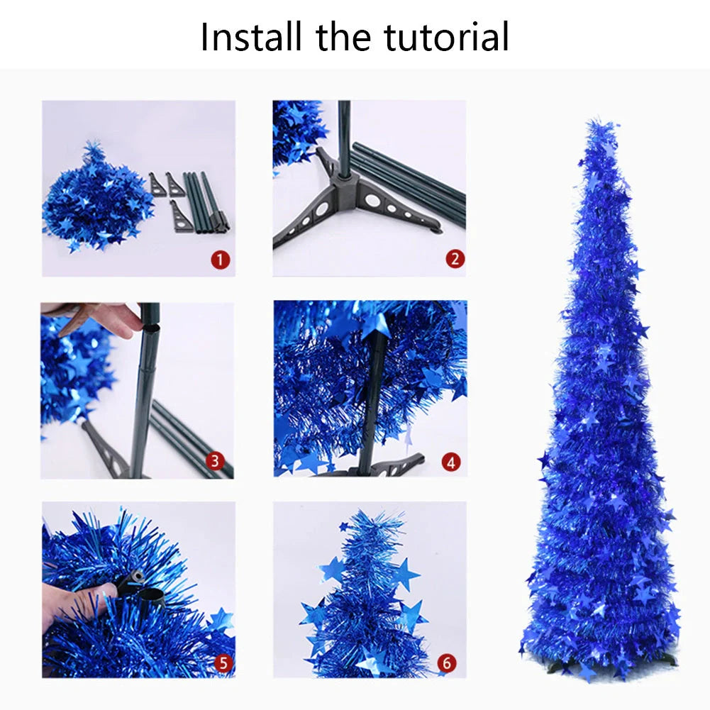 Collapsible artificial Christmas tree with stand and sequin decorations