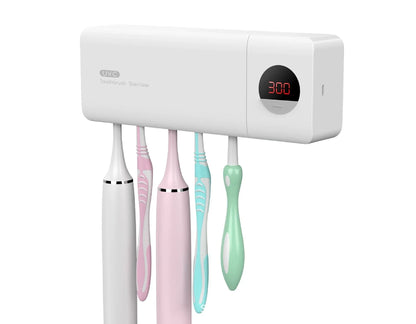 Rechargeable UV Toothbrush Sanitizer in multiple color options, featuring a sleek and compact design for home and travel use