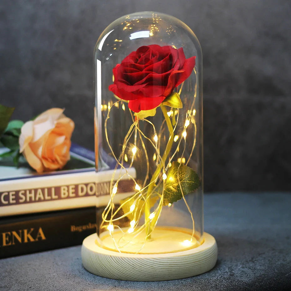 Enchanted Forever Rose in Glass LED Light decoration with realistic rose and wooden base