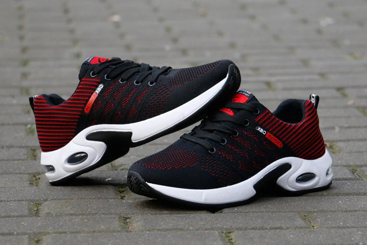 Men's breathable lace-up sports shoes in blue, black, grey, and black red