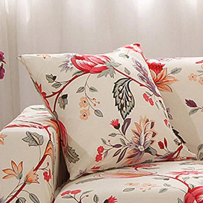 Stretchable geometric print sofa cover on a three-seater sofa