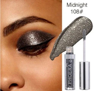 PHOERA Glitter & Glow Liquid Eyeshadow set showcasing 12 vibrant colours with 3D metallic effects