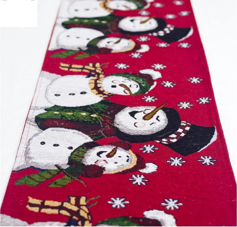 Christmas Elk Snowman Table Runner on a dining table, festive holiday decor