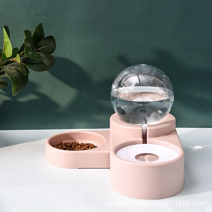 Automatic non-electric pet water dispenser with bowl, 1.8L capacity, available in grey, blue, and pink