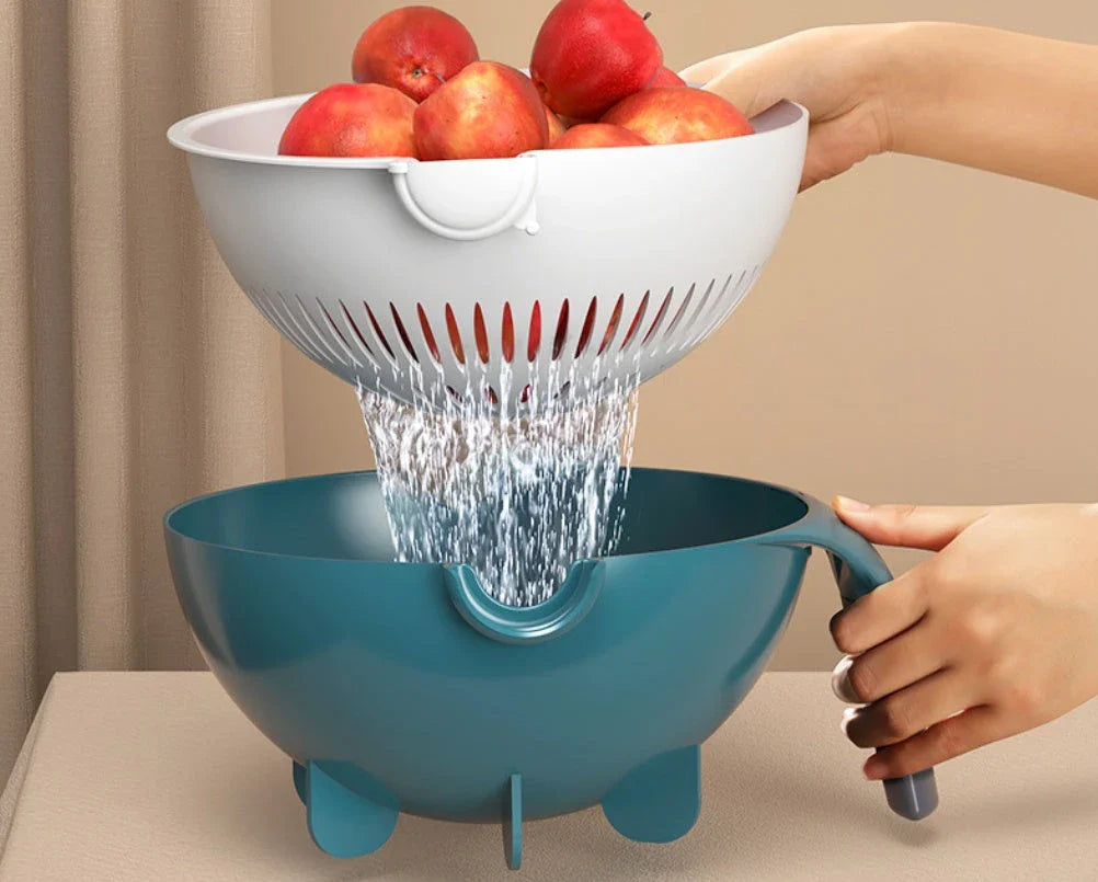 A premium 9-in-1 vegetable drainage basket with a unique drainage system and interchangeable blades for efficient meal preparation