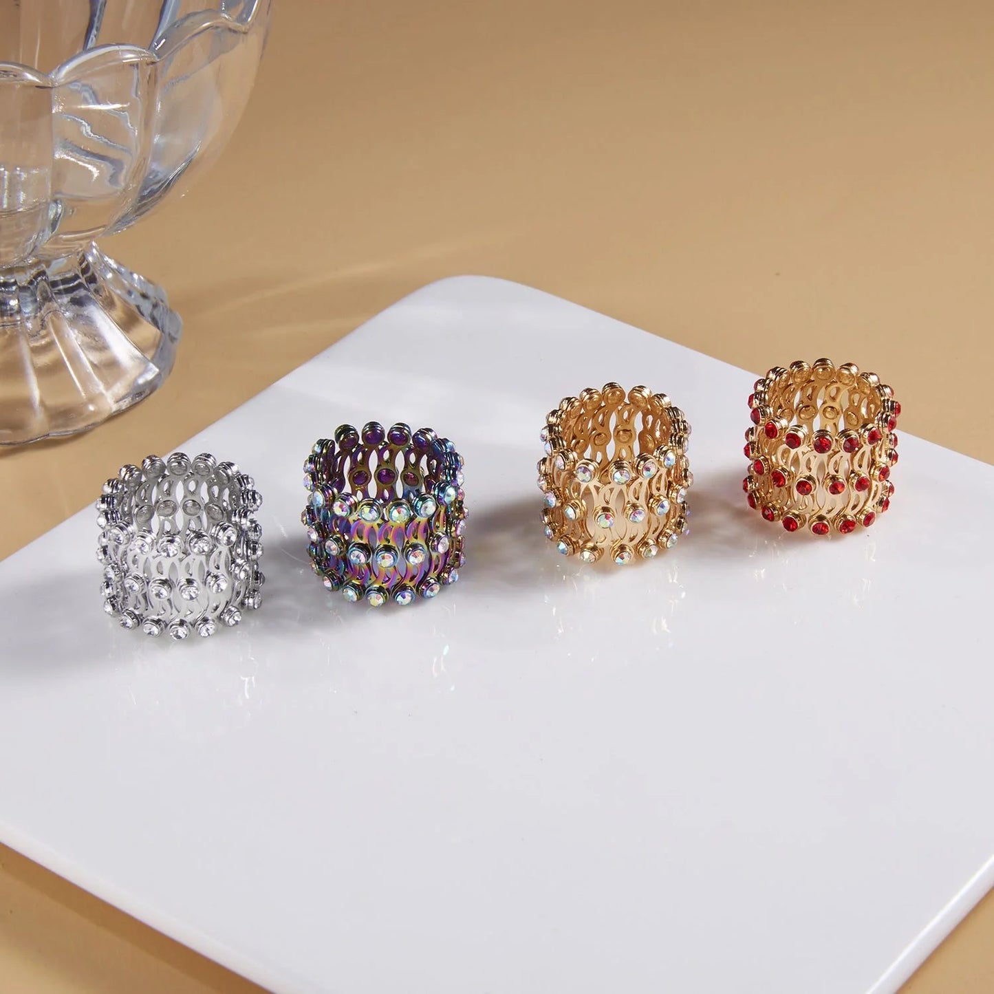 2-in-1 folding retractable rings bracelet with rhinestone detail, adjustable design