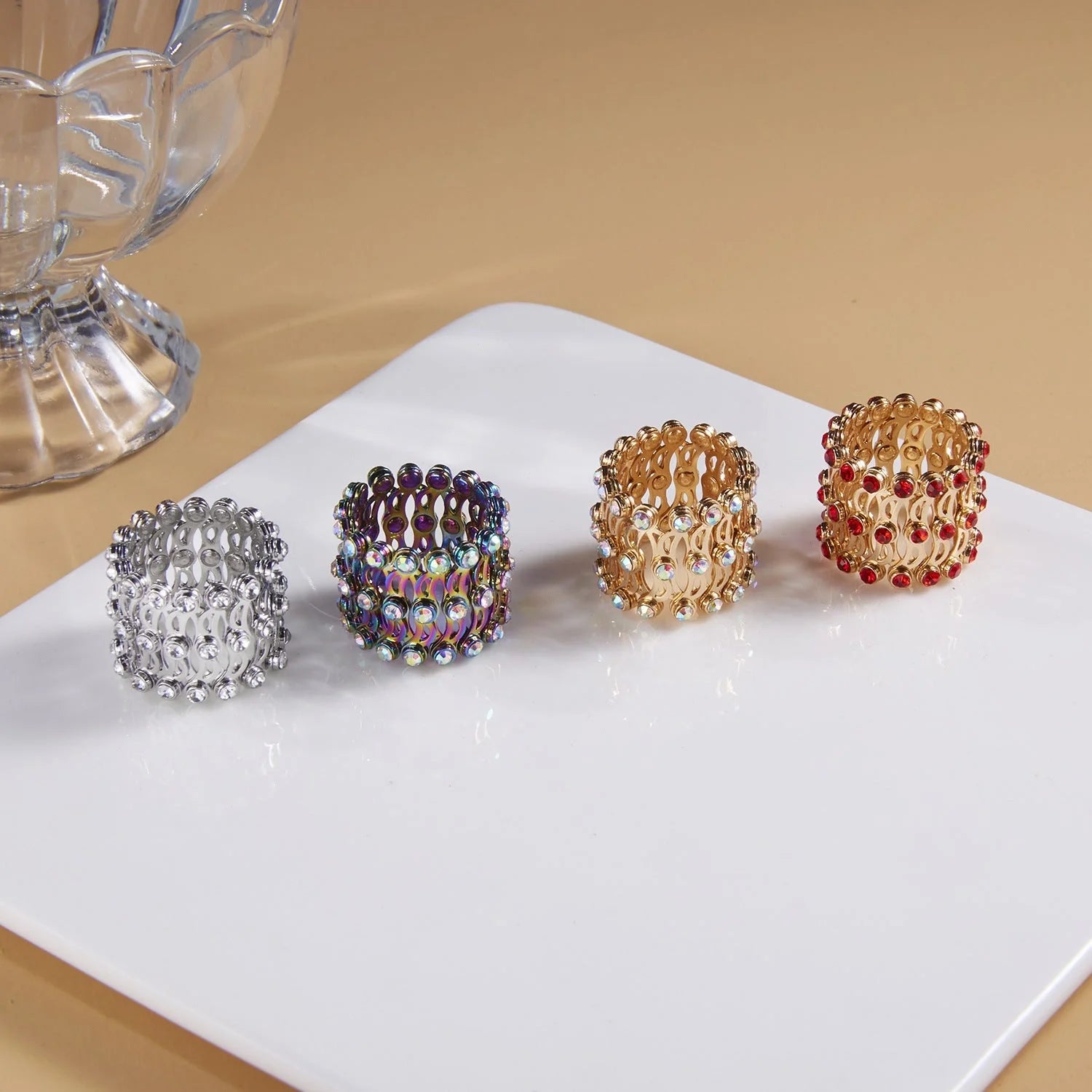 2-in-1 folding retractable rings bracelet with rhinestone detail, adjustable design