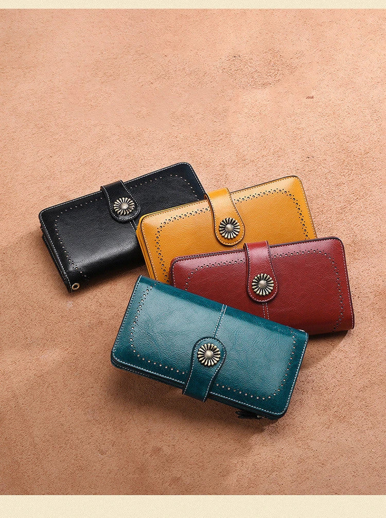 Premium leather wallet for women with zipper closure, card slots, and stylish design