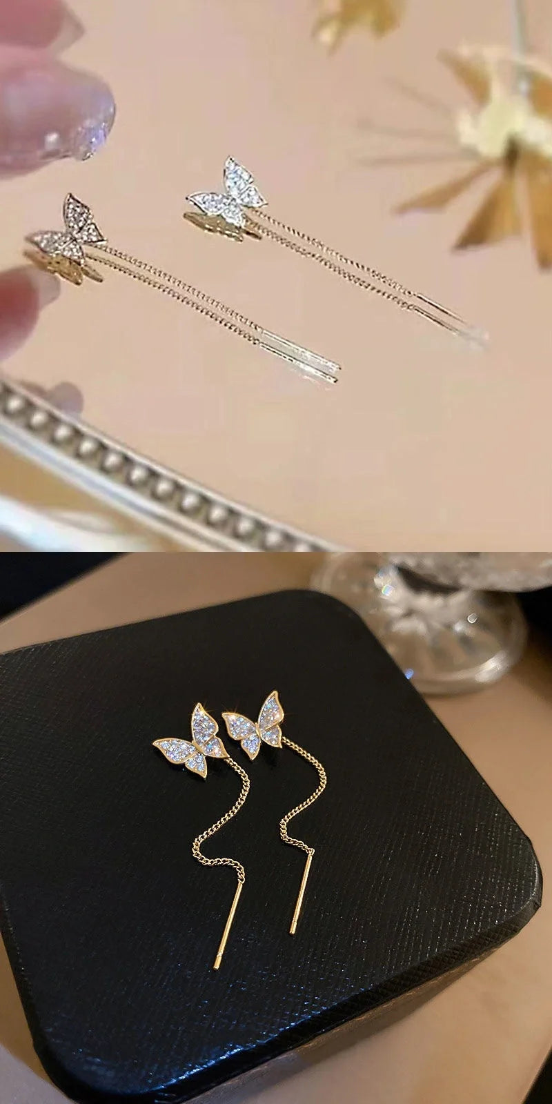 Elegant 925 Sterling Silver Butterfly Tassel Earrings with Delicate Design and Cascading Tassels