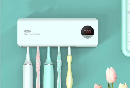Rechargeable UV Toothbrush Sanitizer in multiple color options, featuring a sleek and compact design for home and travel use