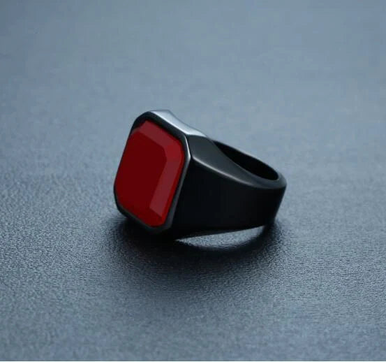 Men's geometric stainless steel ring in silver, gold, red, and black finishes