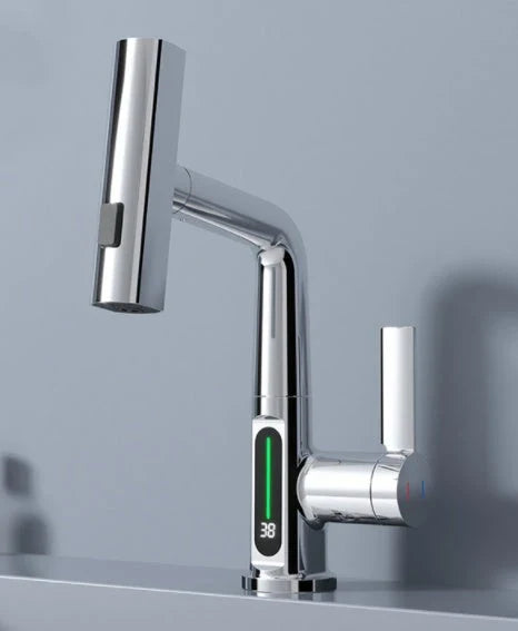 Versatile digital kitchen faucet with temperature display, 360-degree swivel, and pull-out design for enhanced maneuverability and precise water temperature control