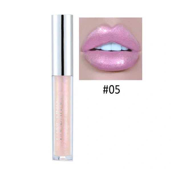 Polarized lip gloss in six vibrant shades, showcasing high-shine finish and vitamin E enrichment