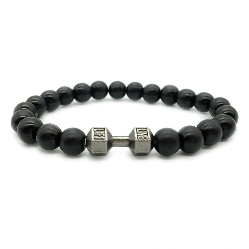 Men's fitness fashion dumbbell bracelet with black and white lava rock and alloy beads