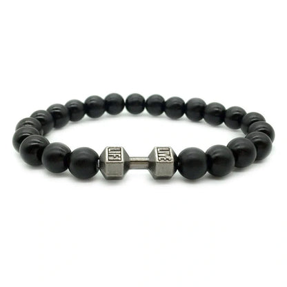 Men's fitness fashion dumbbell bracelet with black and white lava rock and alloy beads