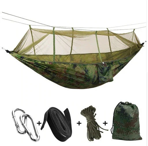 Versatile parachute hammock with mosquito net for outdoor camping and relaxation
