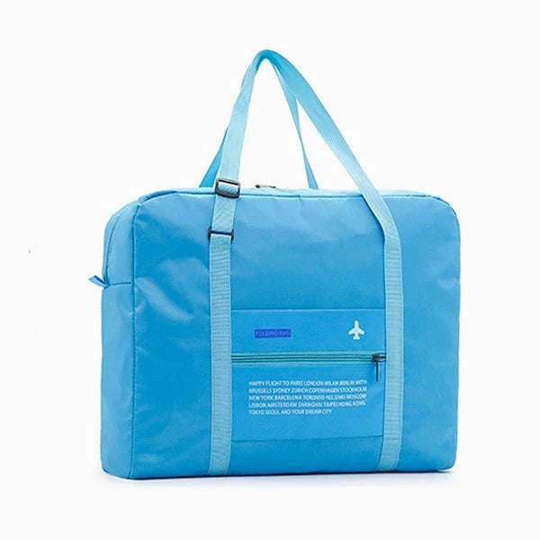 Foldable nylon travel holdall in various colours, including black, orange, green, and red
