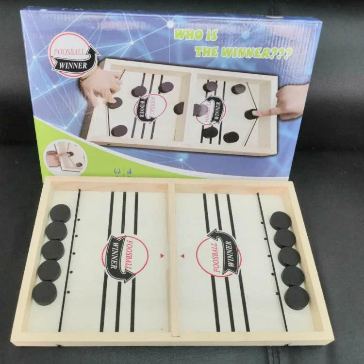 Premium solid wood puck slinging game with smooth playing surface and precision-engineered wooden pucks for interactive family fun