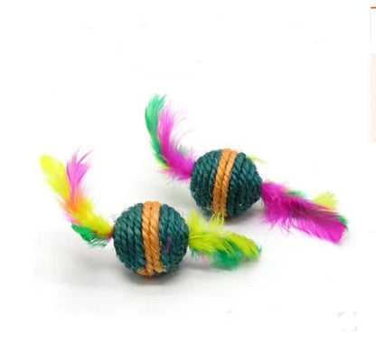 A handcrafted cat toy made from solid wood and natural materials, featuring a feather-on-a-stick design to captivate and engage your feline friend.