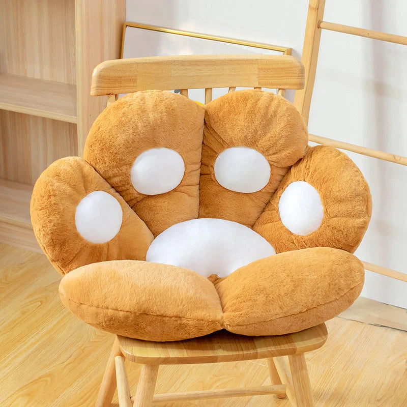 Plush office chair cushion with adorable paw-shaped design in various colors and sizes