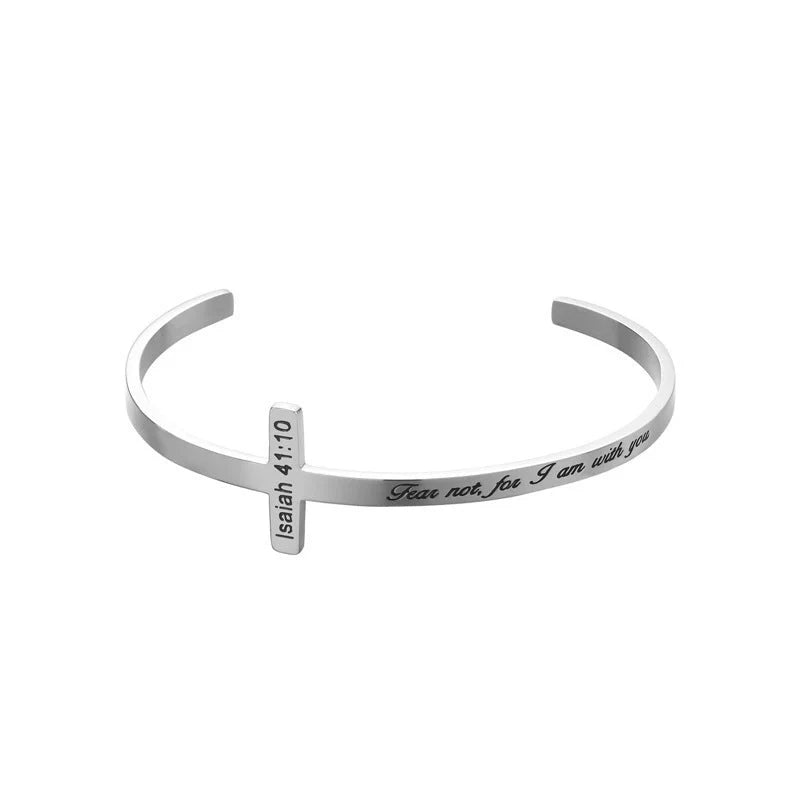 Titanium steel bracelet with scripture cross lettering in silver