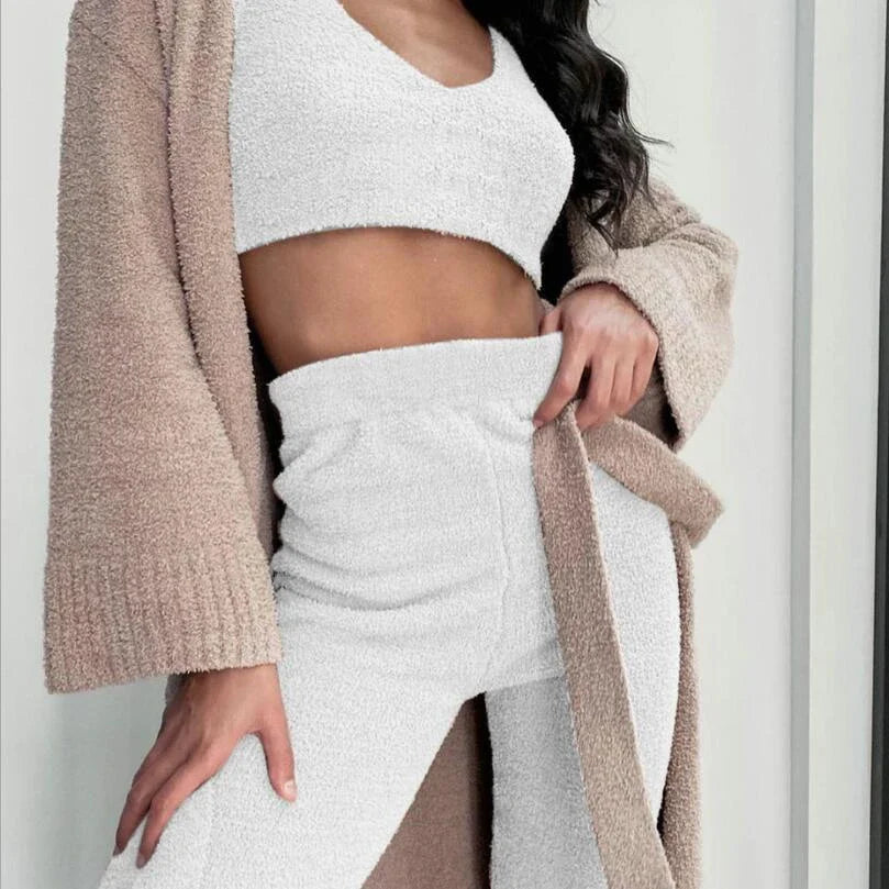 Cozy 3-piece velvet pajama set with long sleeve crop top and drawstring shorts in various colors