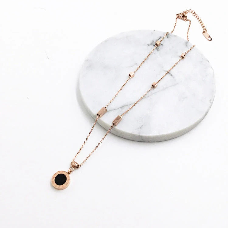 Elegant 18K rose gold titanium steel necklace with double-sided Roman numeral design