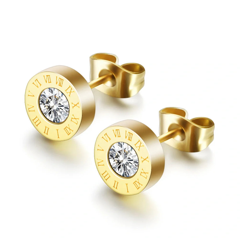 Elegant titanium steel earrings with Roman numeral design and diamond studs
