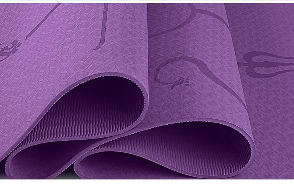 Non-slip TPE yoga mat with position lines for beginners, available in multiple colors