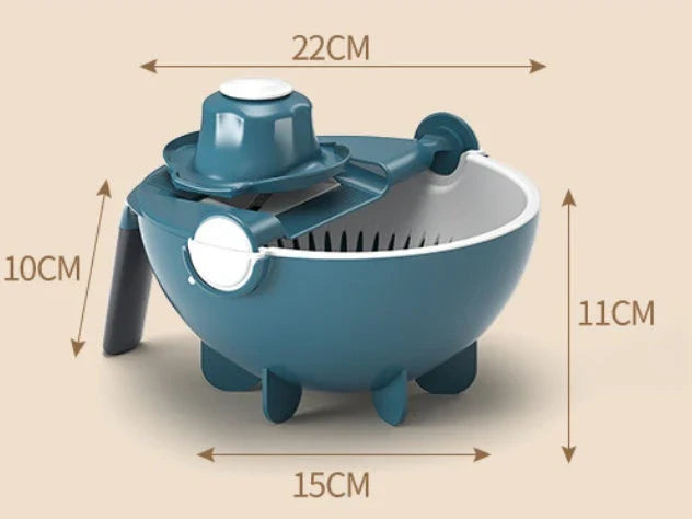 A premium 9-in-1 vegetable drainage basket with a unique drainage system and interchangeable blades for efficient meal preparation