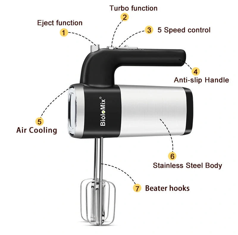 500W Electric Food Mixer with mixer and beater hooks on a kitchen counter