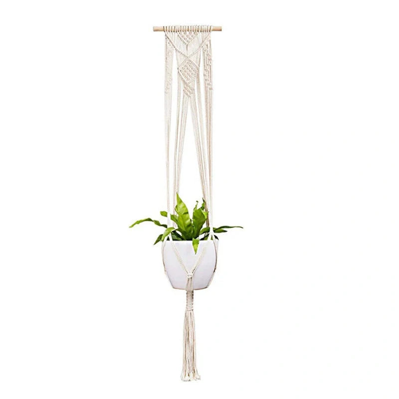 Handmade bohemian macrame hanging plant baskets in a set of four, perfect for home decor.