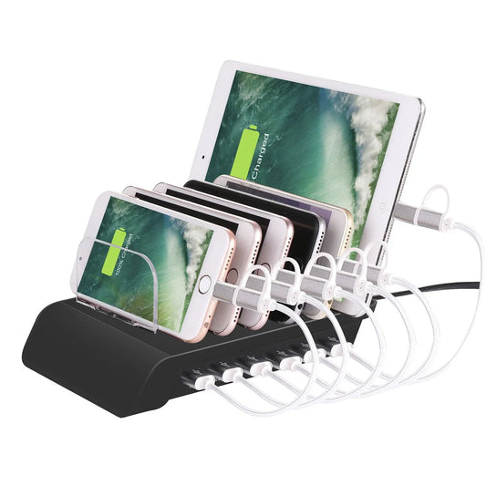 Premium 6-port USB charging hub with intelligent fast charging and charging status reminder, designed for UK smartphone users