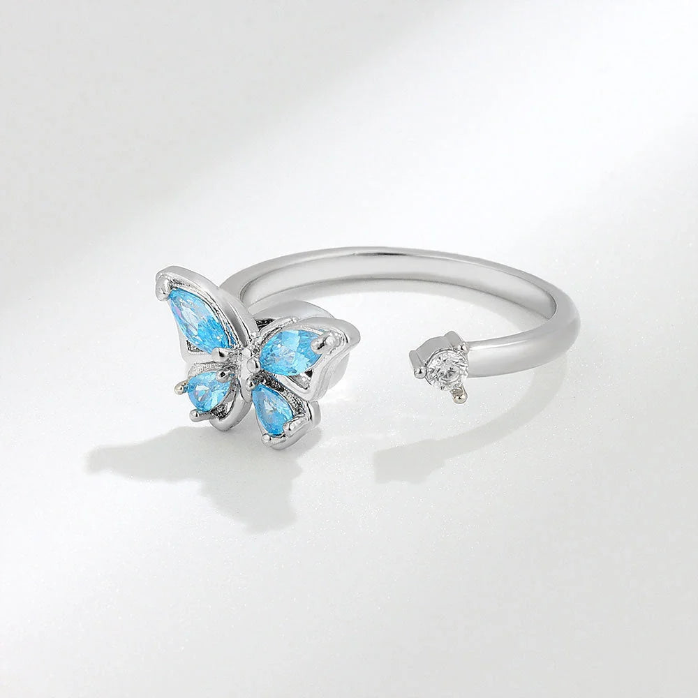 Adjustable rotatable butterfly ring for women with zircon inlay, available in multiple designs