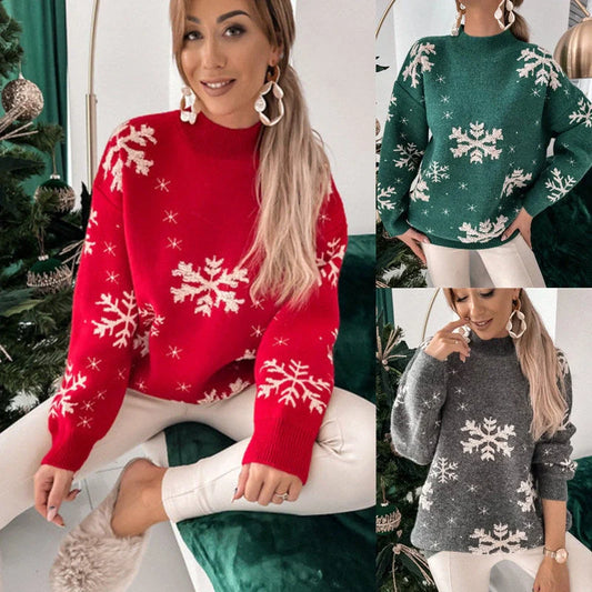 Women's festive Christmas snowflake print knitted sweater in red, green, and grey