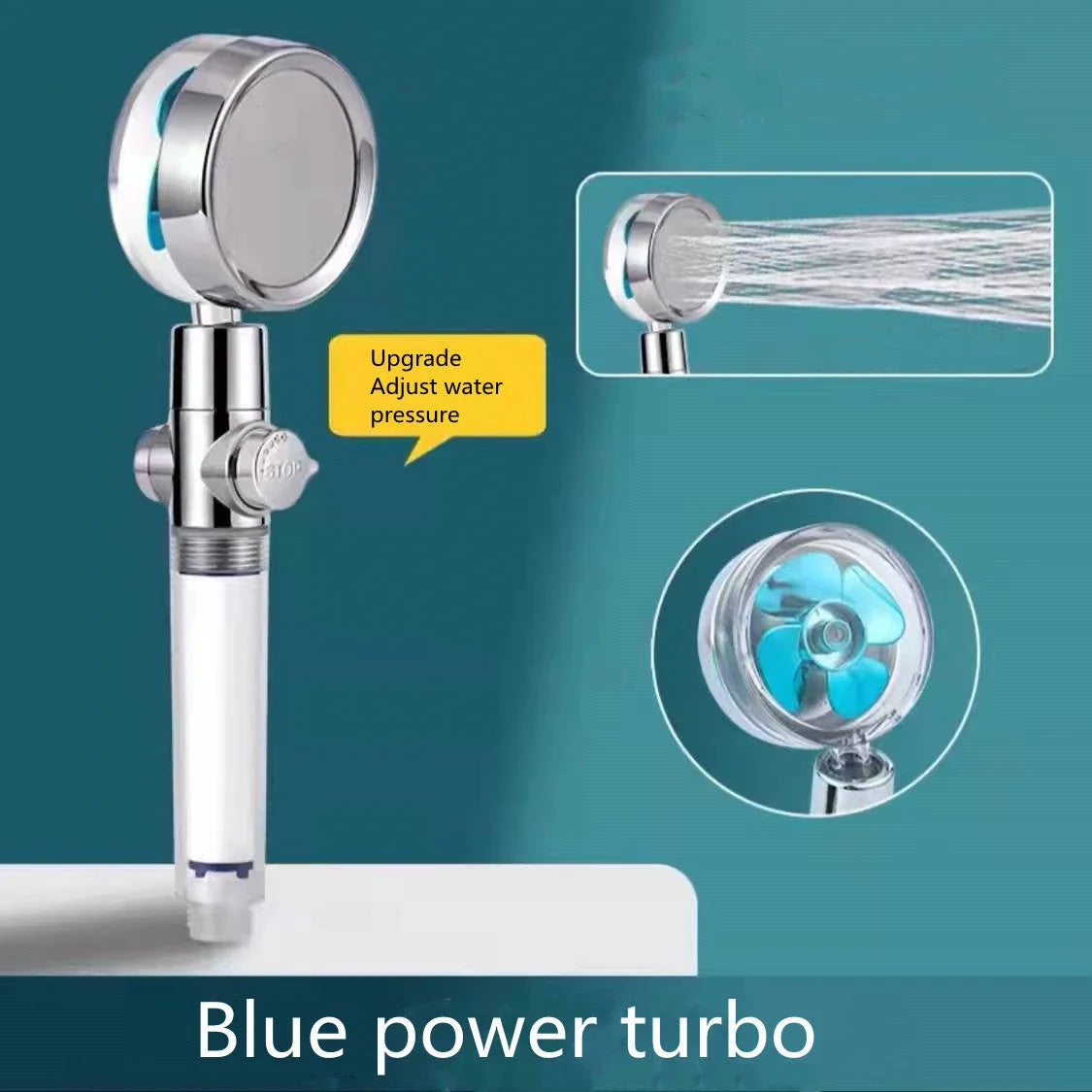 360-degree rotating high-pressure shower head with built-in fan and adjustable water spray