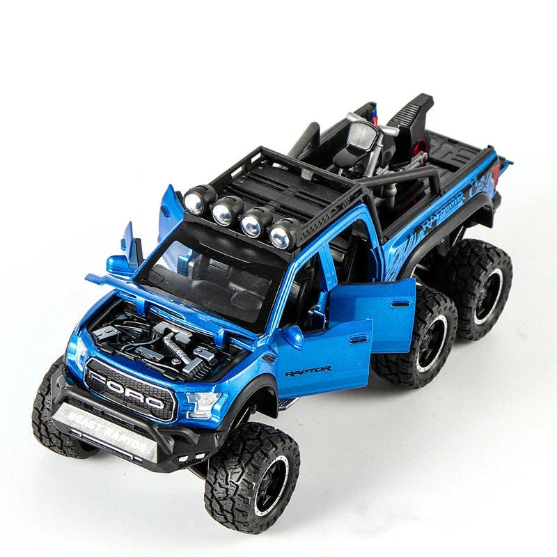 Exquisite 1:28 scale Ford off-road alloy toy car with simulated sound and light effects, damping spring, and six functional doors