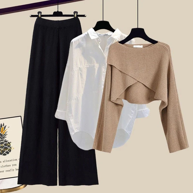 Women's 3-piece knitted sweater suit with shirt and wide leg pants in grey and white