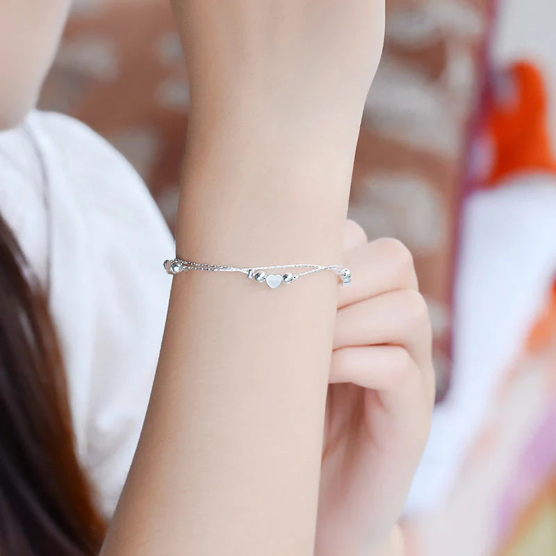 Korean fashion double-layered heart bracelet with light beads in white gold, gold, and rose gold options