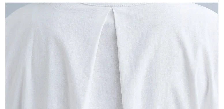 Women's cotton-linen stand collar short sleeves dress in black and white