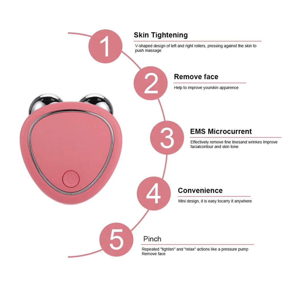 Portable facial micro-current beauty instrument with dual roller massager for lifting, firming, and reducing puffiness