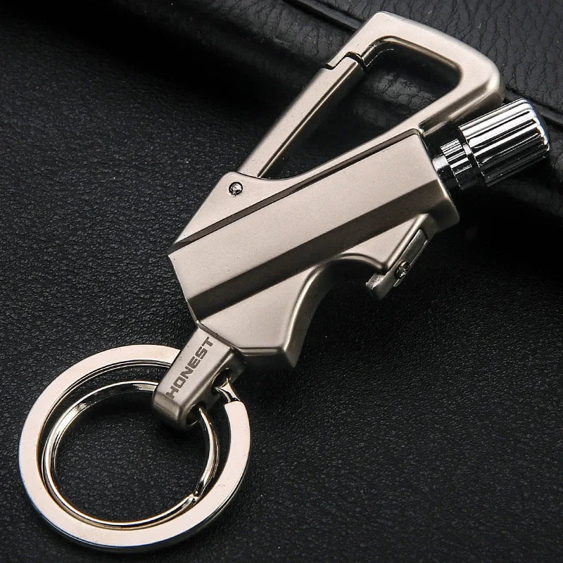 Metal keychain lighter with flint starter and bottle opener in various finishes