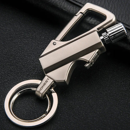 Metal keychain lighter with flint starter and bottle opener in various finishes