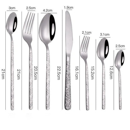 Premium steak cutlery set with embossed textured handles, made of durable stainless steel for a refined dining experience.