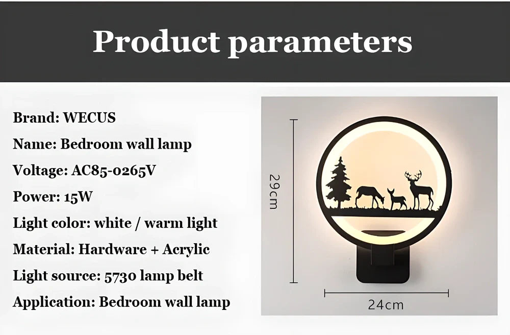 Elegant Nordic-inspired wall lamps with various designs like deers, windmill, and birds creating a cosy, romantic atmosphere