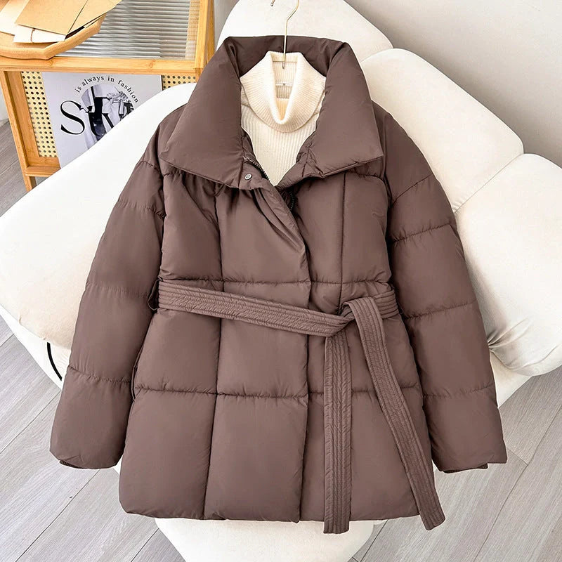 Winter plaid sewing lapel coat with lace-up design for women in black, white, and coffee