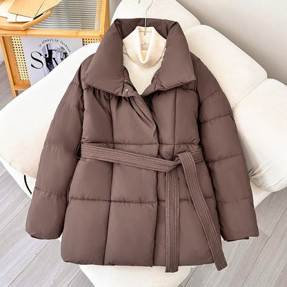 Winter plaid sewing lapel coat with lace-up design for women in black, white, and coffee