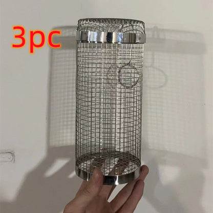 A stainless steel wire mesh grilling basket with a round shape, designed for versatile outdoor cooking and barbecue.