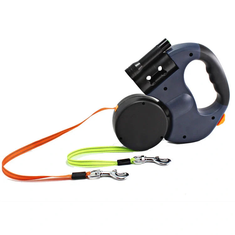 Dual-headed dog leash with flashlight and garbage bag box in grey and red